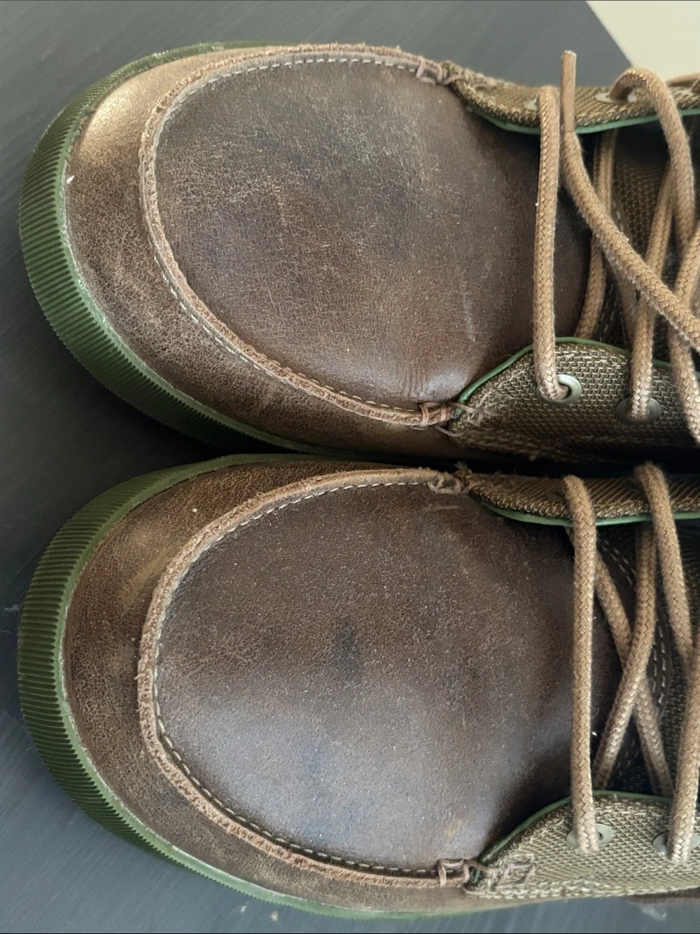 OluKai Men's Brown Leather Chukka Boots with Green Soles